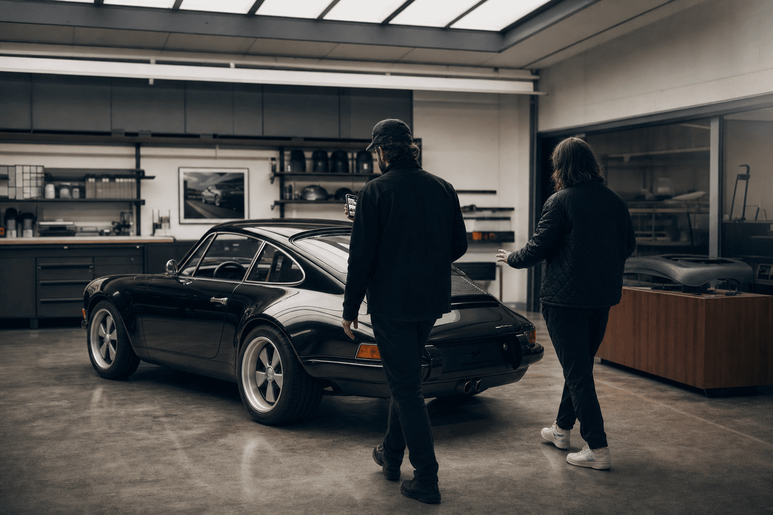 Inspection — two owners walking around a car together