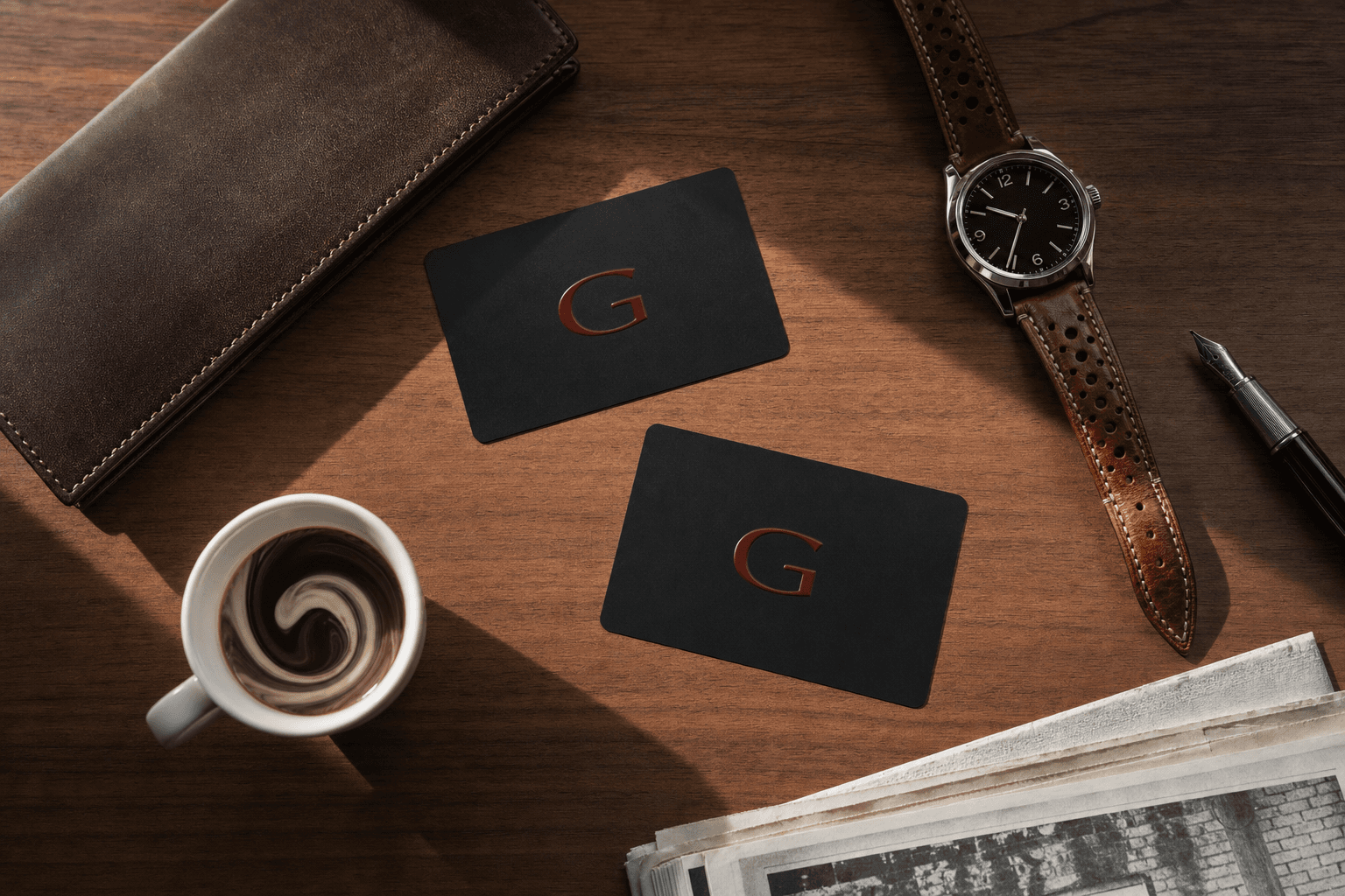 Verification — two member cards on walnut wood with watch and pen
